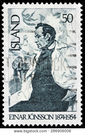 Luga, Russia - February 13, 2019: A Stamp Printed By Iceland Shows Image Portrait Of Famous   Icelan