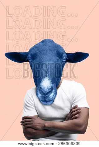 Slowpoke. Concept Man With Donkey Head On Color Background. Contemporary Modern Art Collage