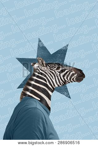Slowpoke. Concept Of Suit Man With Giraffe Head On Color Background. Contemporary Modern Art Collage