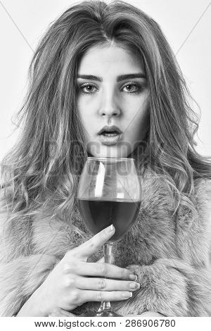 Girl Fashion Makeup Wear Fur Coat Hold Wine Glass. Woman Drink Wine. Lady Fashion Model Curly Hairst