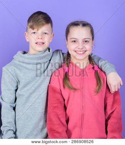 Teens Friends. Girl And Boy True Friendship. Children Smiling Faces On Violet Background. Friends Hu
