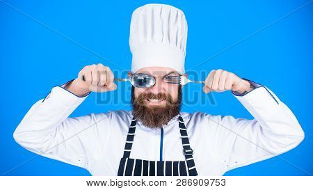 Cooking Process Concept. Lets Try Dish. Hungry Chef Ready To Try Food. Time To Try Taste. Chef Happy
