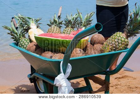 Fresh Watermelon, Coconut And Pineapple Selling On The Sandy Beach