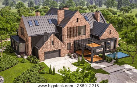 3D Rendering Of Modern Clinker House On The Ponds With Pool