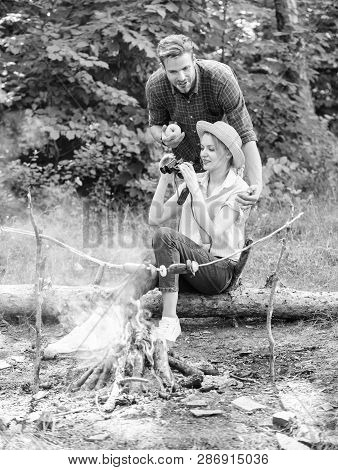 Observing Nature Concept. Couple Ornithologists Expedition In Forest. Couple Enjoy Hike In Forest Ob