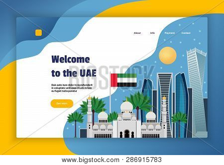 Uae Online Travel Agency Website Concept Banner With Flag Mosque Science Fiction Style Architecture 