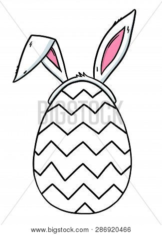 Happy Easter Greeting Card. Hand Drawn Egg With Bunny Ears Vector Sketch Holiday Illustration Isolat