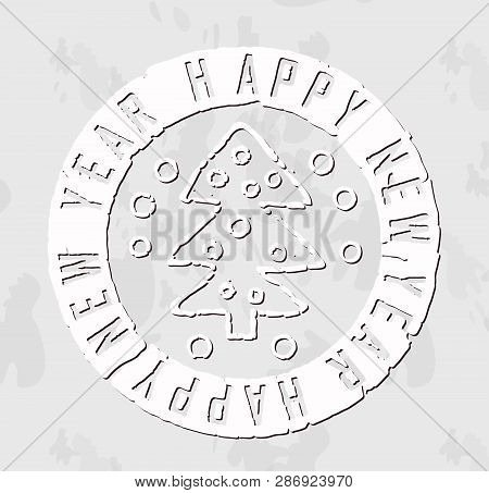 Decotative White New Year Greeting Stamp Drawn As It Embossed