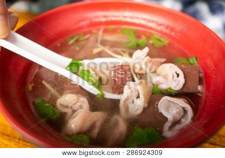 pork blood and chitterling soup, famous and traditional Taiwan snacks