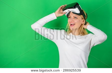 Woman With Virtual Reality Headset. Woman Watching Virtual Reality Vision. Beautiful Woman Wearing V