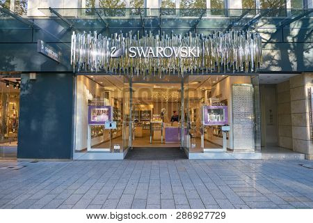 DUSSELDORF, GERMANY - CIRCA SEPTEMBER, 2018: entrance to a Swarovski store in Dusseldorf. Swarovski is an Austrian producer of lead glass.