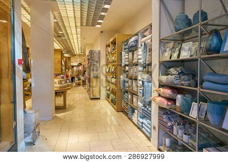 DUSSELDORF, GERMANY - SEPTEMBER 24, 2018: interior shot of Zara Home store in Dusseldorf. Zara Home is a company belonging to the Spanish Inditex group dedicated to the manufacturing of home textiles