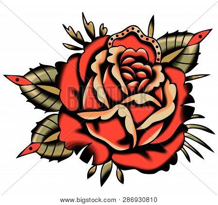 Vector Red Rose Tattoo Style. Vhite Background.