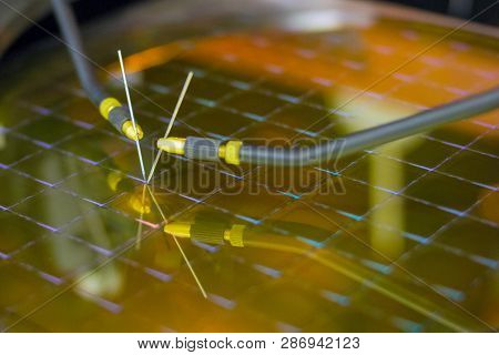 Checking Microchips On Silicon Wafer With Probe Station.microelecronics.