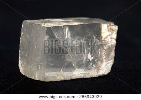 Raw Iceland Spar From Krasnoyarsk Region, Russia On Black Cement Background.