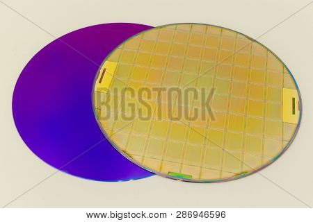 Silicon Wafers Two Types -empty Grey Wafer And Gold Wafes With Microchips