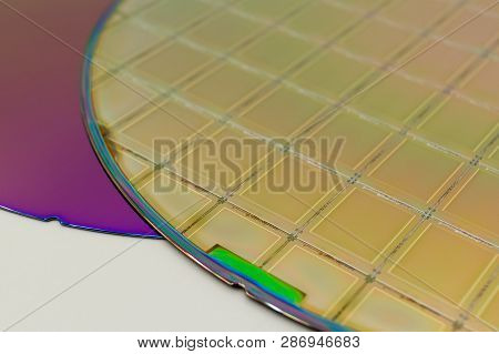 Silicon Wafers Two Types -empty Grey Wafer And Gold Wafes With Microchips