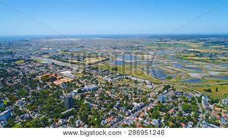 Aerial View Of Guerande Salt Marshes From La Baule Escoublac In Loire Atlantique, France
