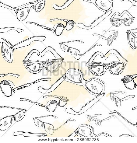 Seamless Pattern Of Hand Drawn Sun Glasses. Monochrome Sketch Objects And Light Yellow Spot Isolated
