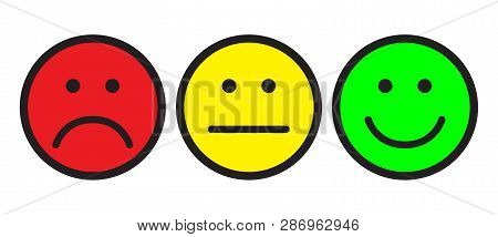 Red, Yellow And Green Smiles. Face Symbols. Flat Stile. Vector Illustration.