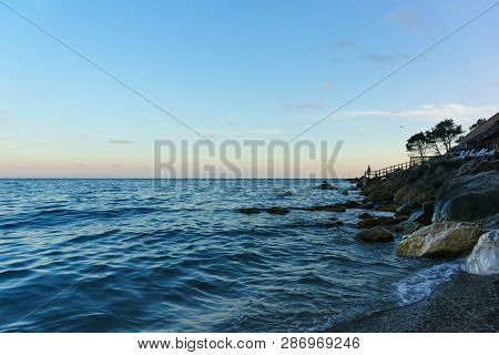 Dusk On The Beautiful Beach Of Zelenyy Mys In Alupka. Crimea