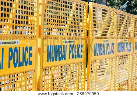 Mumbai India March 1, 2019 Closeup Of A Police Sign Located At Colaba District Front The Gateway Of 