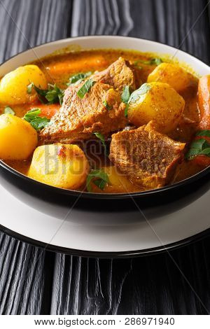 Potjiekos is One Of The Most Authentic South African Dishes From Lamb And Vegetables Close-up In A B