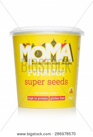 London, Uk - March 01, 2019: Cup Of Moma Porridge With Super Seeds No Added Sugar And Gluten Free On