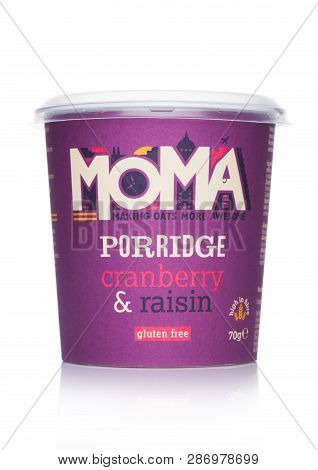 London, Uk - March 01, 2019: Cup Of Moma Porridge With Cranberry And Raisin No Added Sugar And Glute