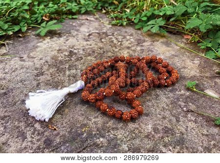 Rosary Beads On The Wooden Background. Rudraksha Mala For Mantras. 108 Beads.