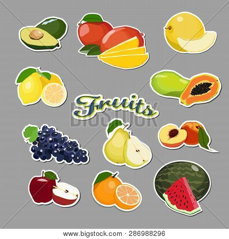 Set Of Fruits Stickers Isolated On Gray Background.
