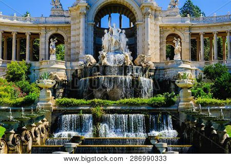 Marseille. Palais De Longchamp With Fountains And Sculptures In Sunny Day, Central Cascade.