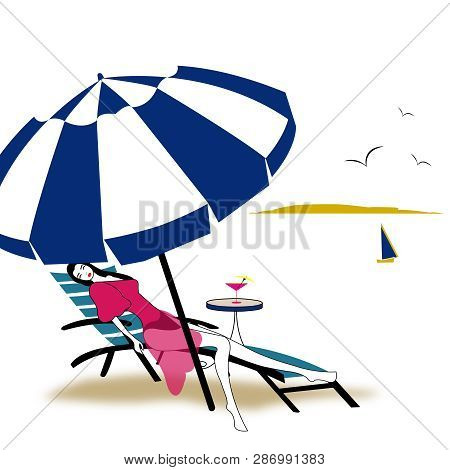 Illustration Of A Girl Relaxing Under The Umbrella On The Beach With Boat In The Background, Sialing