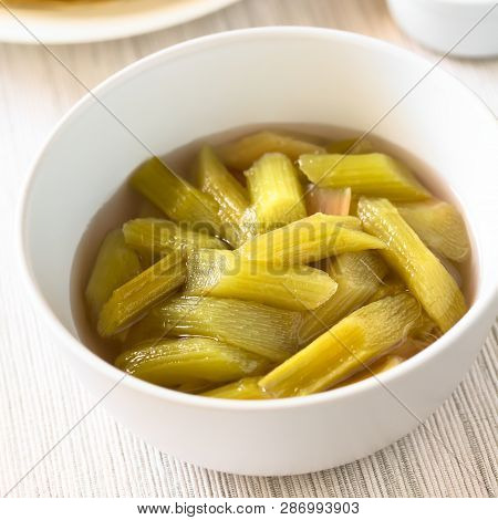 Fresh Homemade Rhubarb Compote In Bowl, Photographed With Natural Light (selective Focus, Focus In T