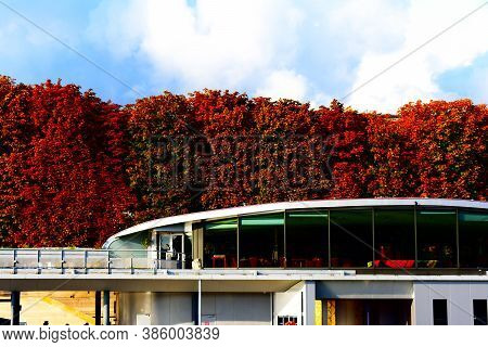 View From The River Of Paris, Seinen, A Beautiful Building In Front Of Red Leaves