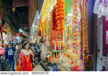 Haridwar, Garhwal, India - 3rd November 2018 : Colourful Ornaments For Sale. Night Image Of Motibaza