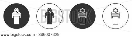 Black Gives Lecture Icon Isolated On White Background. Stand Near Podium. Speak Into Microphone. The