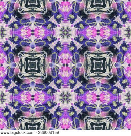 Ikat Pattern. Repeat Tie Dye Ornament. Ethnic Turkish Motif. Pink And Blue Seamless Texture. Abstrac