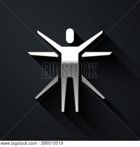 Silver Vitruvian Man By Leonardo Da Vinci Icon Isolated On Black Background. Human Anatomy. Long Sha