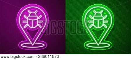 Glowing Neon Line System Bug Concept Icon Isolated On Purple And Green Background. Code Bug Concept.