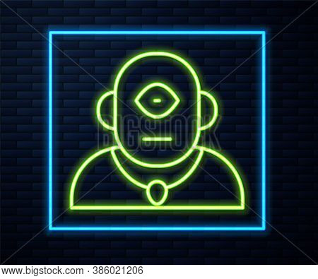 Glowing Neon Line Cyclops Icon Isolated On Brick Wall Background. Vector