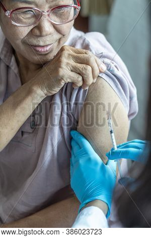 Vaccine Shot For Elderly People Vaccination, Medical Immunization For Aging Woman Or Older Patient, 