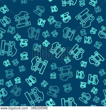 Green Line Repair Car On A Lift Icon Isolated Seamless Pattern On Blue Background. Repair Of The Und