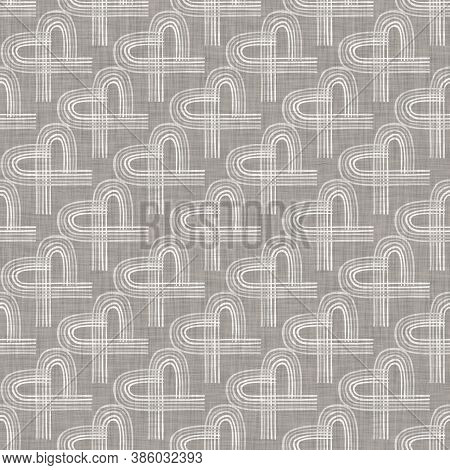 French Woven Linen Texture Geometric Shape Background. Old Ecru Flax Grey Geo Motif Seamless Pattern