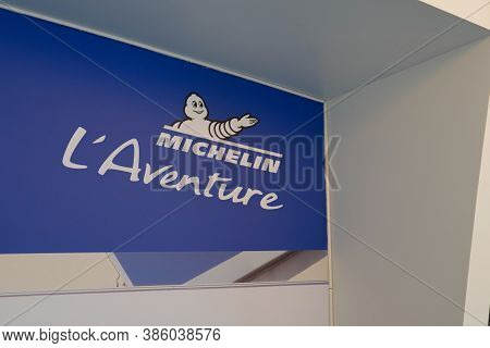 Clermont Ferrand , Auvergne / France - 08 10 2020 : Michelin L'aventure Bibendum Logo Blue Sign And 