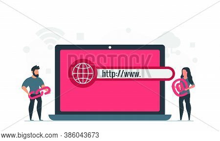 Www Concept Vector Illustration With Laptop And People. A Man Holds A Link To The Site And A Woman P