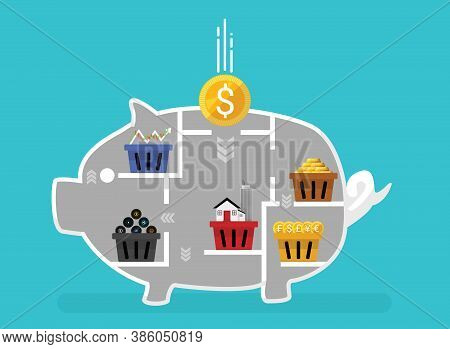 Business Financial Concept Of Diversification. Do Not Put All Savings Money In One Basket. Allocatin