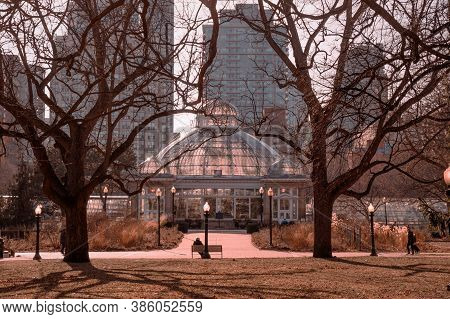 Toronto, Canada - 03 08 2020: Early Spring Sunset Allan Gardens Park View With Allan Gardens Greenho