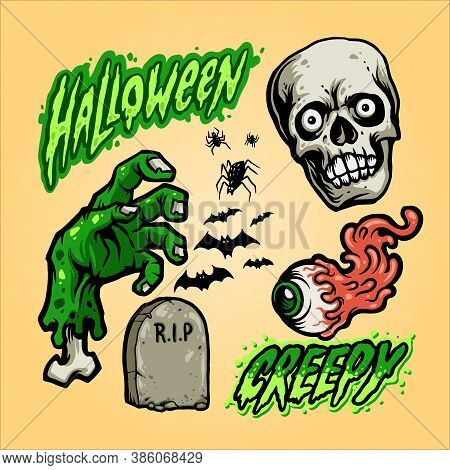Halloween Skull Head Pumpkins Set Element Hand, Eye Creppy Illustrations For Merchandise Design
