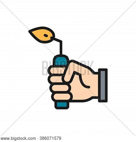 Hand With Blow Torch, Device For Gas Welding Works Flat Color Line Icon.